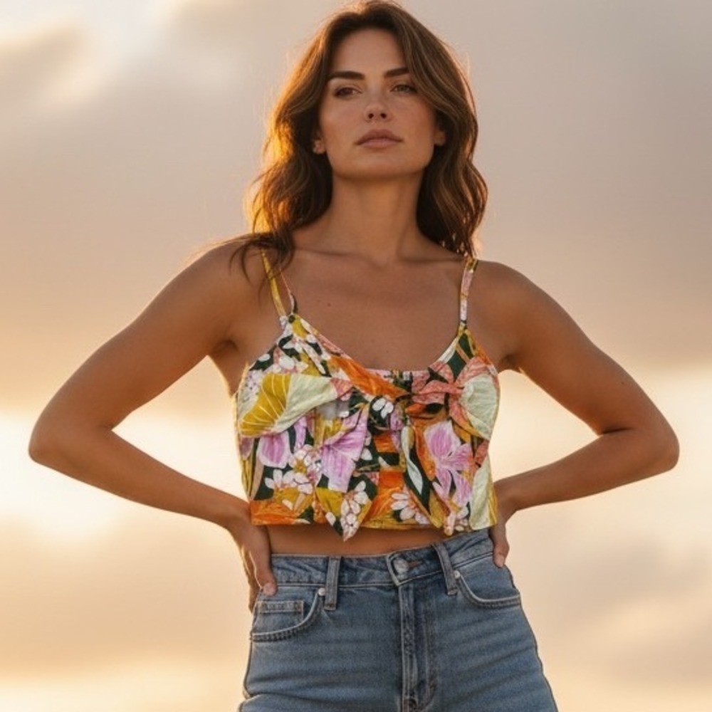 Aerie Tropical Floral Tie Front Smocked Back Crop Top Bohemian Festival Beach S - Picture 13 of 13